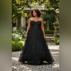 Faeresty Black Strapless 3D Floral Tulle Midi Dress  Formal Dress